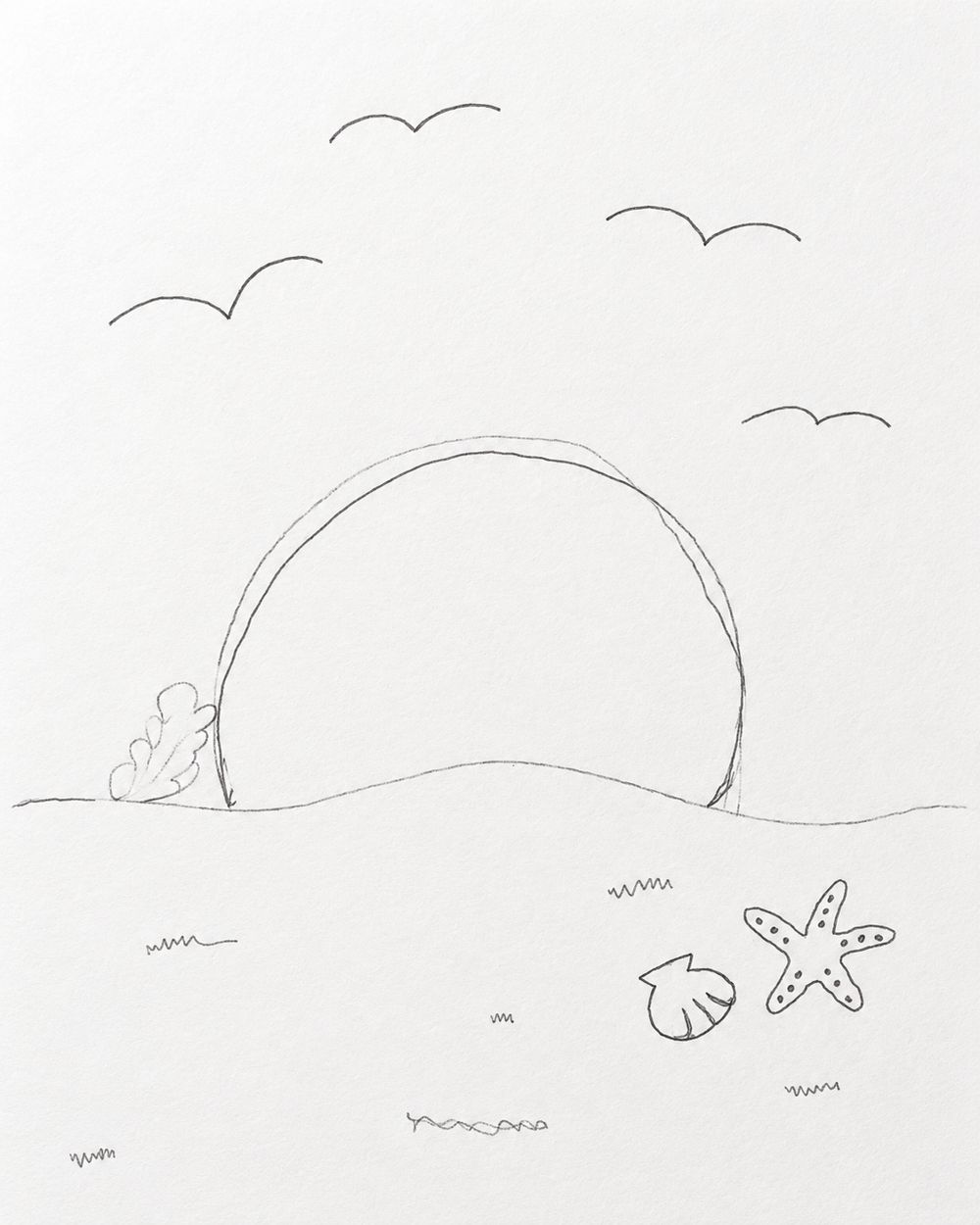 Our daughter's pencil drawing of a sun setting over a beach, with birds, a shell and a starfish